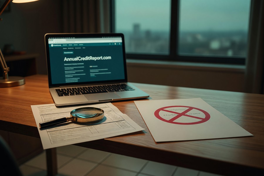 Screenshot walkthrough of the AnnualCreditReport.com free report request process, three bureau logos visible