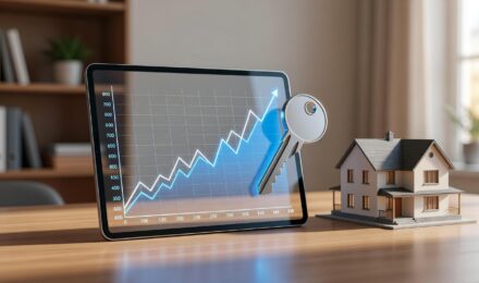 Person checking credit score on laptop while reviewing mortgage documents for home purchase
