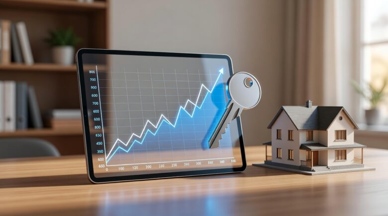 Person checking credit score on laptop while reviewing mortgage documents for home purchase