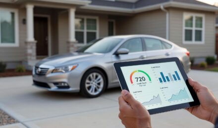 Person checking credit score on phone before buying a car at a dealership in 2026