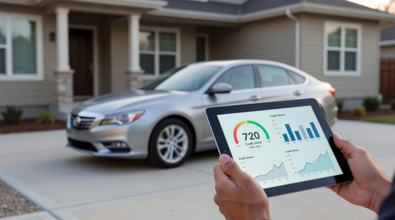 Person checking credit score on phone before buying a car at a dealership in 2026