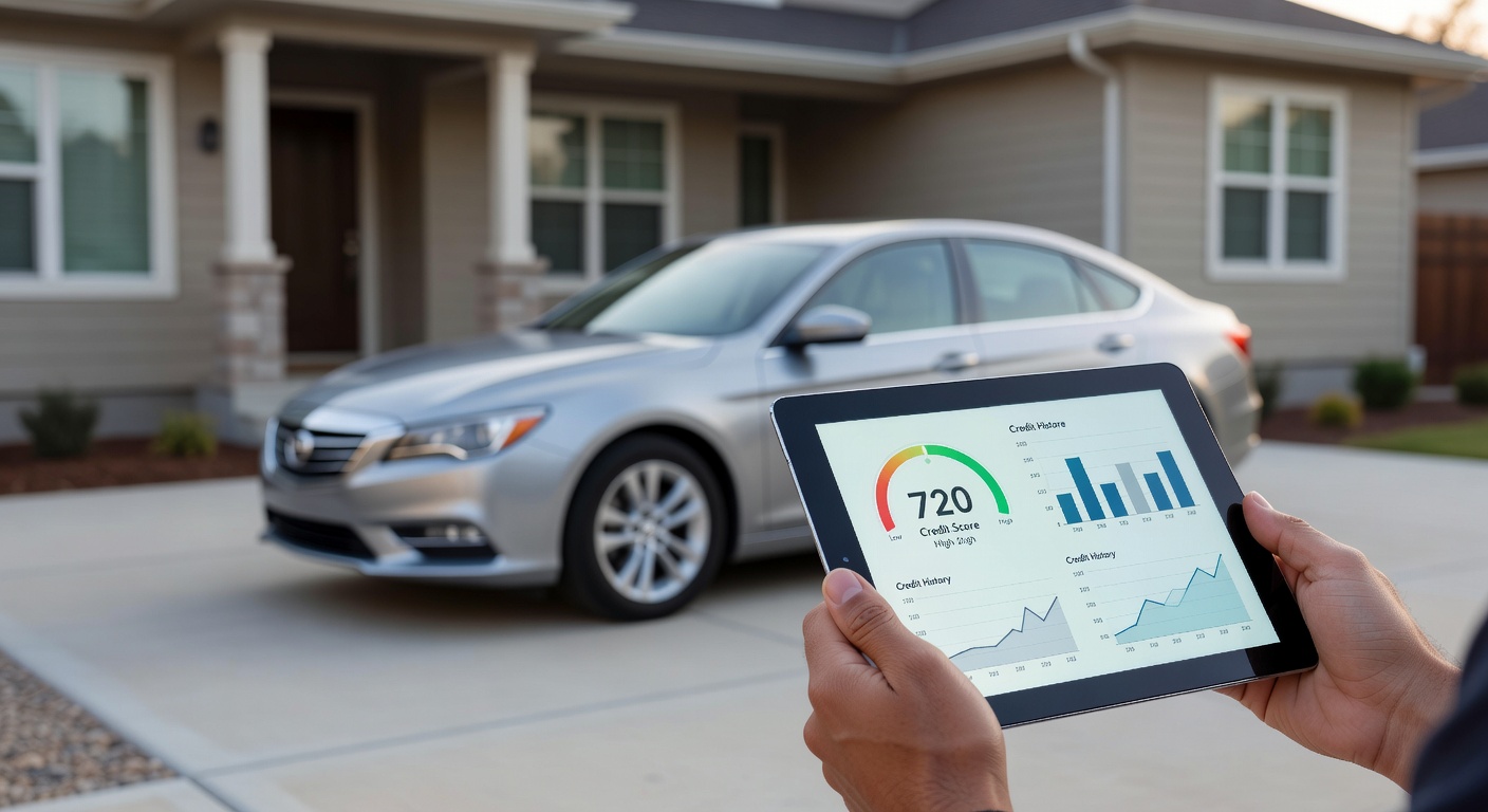 A split-screen graphic comparing loan offers side by side for different credit score ranges — showing interest rates, monthly payments, and total cost for a $30,000 auto loan