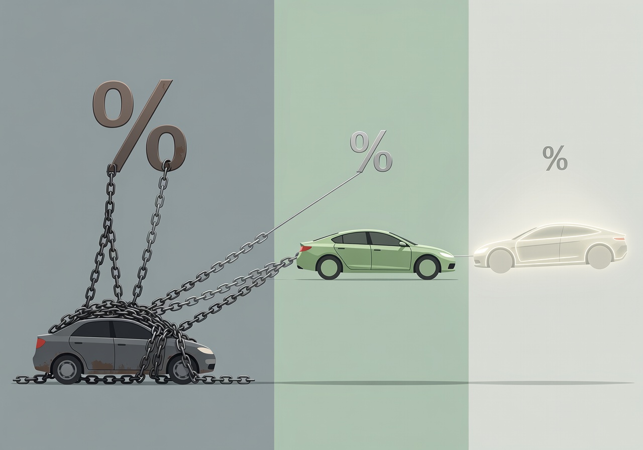 A bar chart showing average auto loan APR by credit score tier for new and used vehicles in 2025, with clearly labeled tiers from Deep Subprime to Super Prime