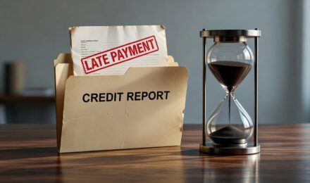 Calendar and credit report showing late payment history timeline