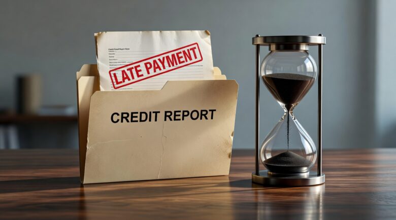 Calendar and credit report showing late payment history timeline