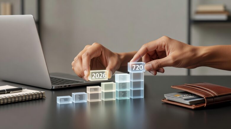 Person reviewing credit score on laptop while following a step-by-step guide to build credit from scratch in 2026