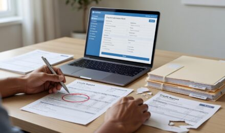 Person reviewing credit report and filing a dispute online step by step