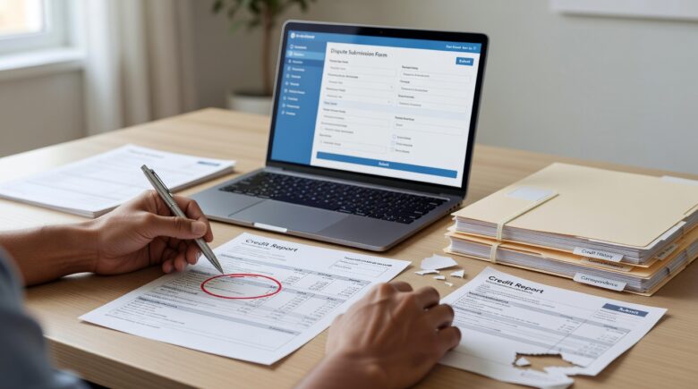 Person reviewing credit report and filing a dispute online step by step