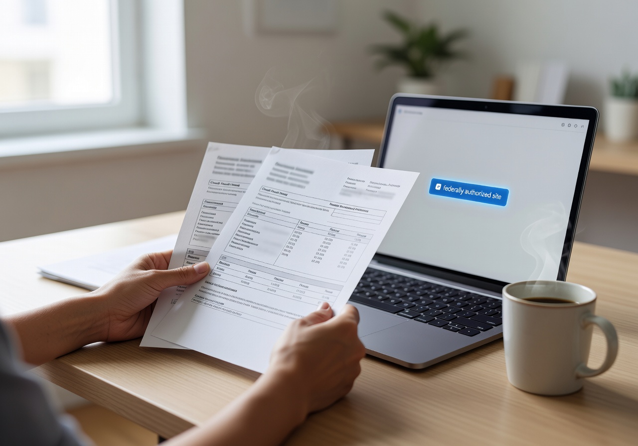 Person reviewing printed credit report documents at a desk with a laptop
