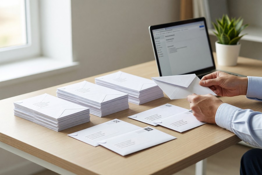 A hand placing a dispute letter into a certified mail envelope at a post office counter