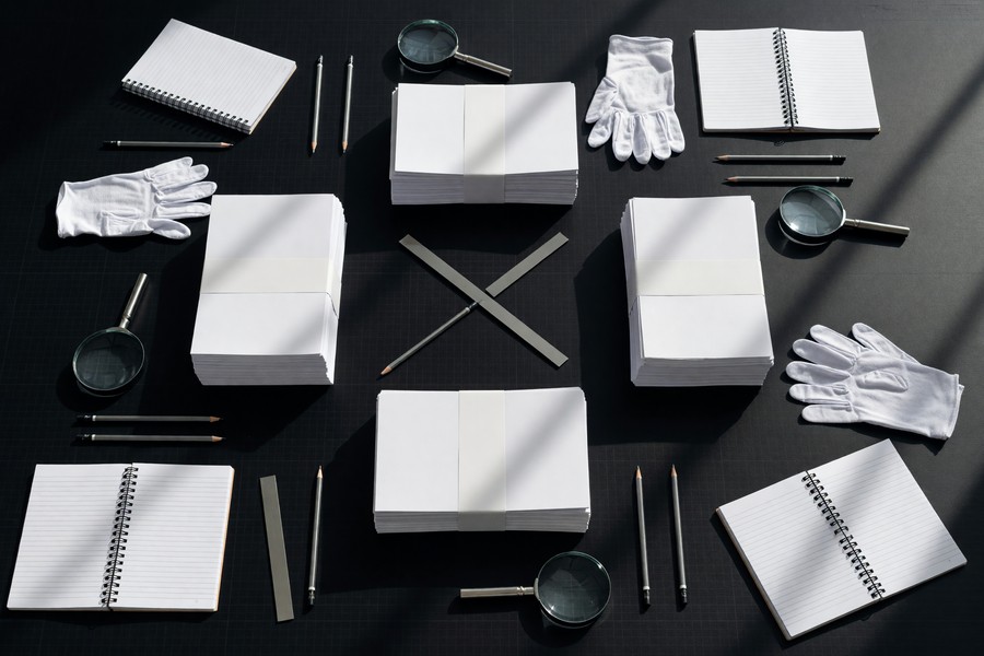 Person reviewing credit report documents at a desk with a laptop and notepad