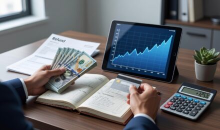 Person reviewing tax refund check and credit score report on desk