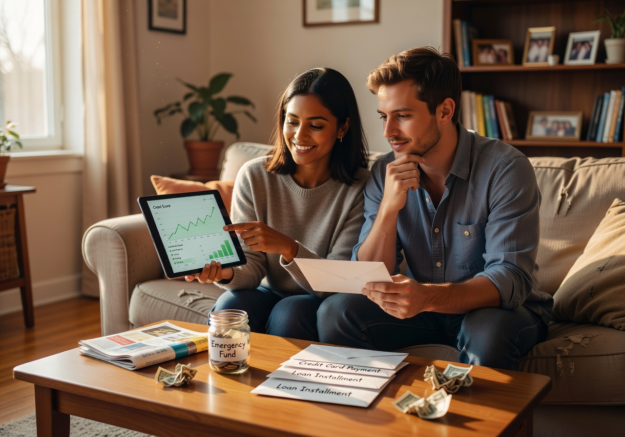 Person reviewing credit score on laptop with tax refund check on desk