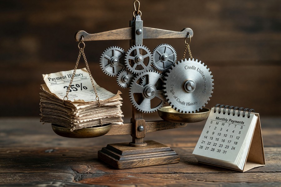 Pie chart showing FICO score calculation factors: payment history 35%, utilization 30%, history 15%, mix 10%, inquiries 10%
