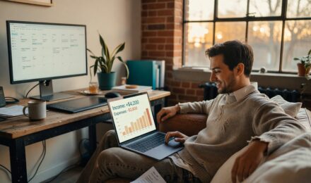 Freelancer reviewing budgeting apps on a laptop and smartphone to manage irregular income