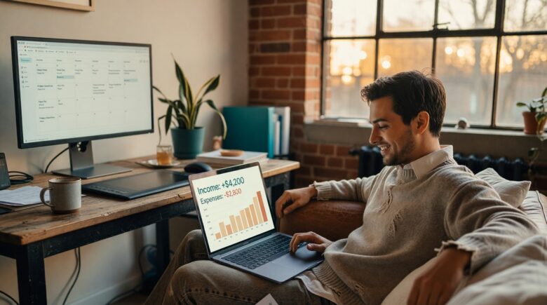 Freelancer reviewing budgeting apps on a laptop and smartphone to manage irregular income