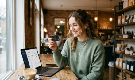 Young adult holding a credit card while reviewing best credit card options on a laptop