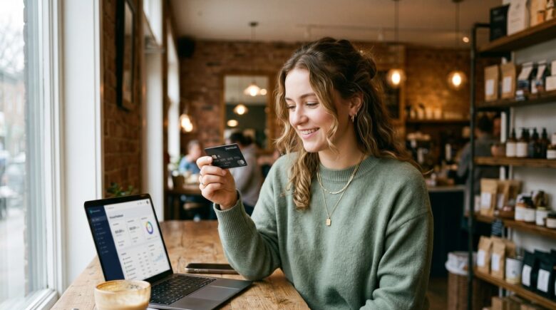 Young adult holding a credit card while reviewing best credit card options on a laptop