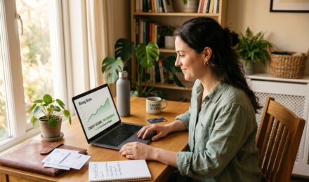 Self-employed freelancer reviewing credit score on laptop at home office