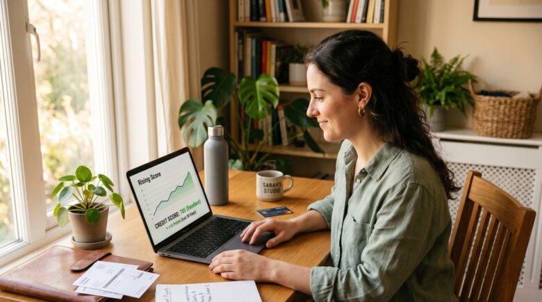 Self-employed freelancer reviewing credit score on laptop at home office