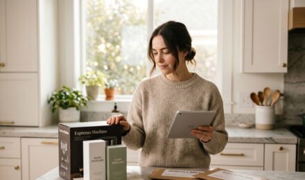 Person comparing buy vs subscribe products options on a laptop while reviewing monthly budget