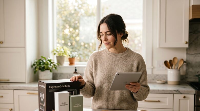 Person comparing buy vs subscribe products options on a laptop while reviewing monthly budget