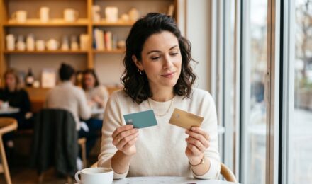 Side-by-side comparison of cash back and travel rewards credit cards on a wooden desk