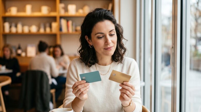 Side-by-side comparison of cash back and travel rewards credit cards on a wooden desk