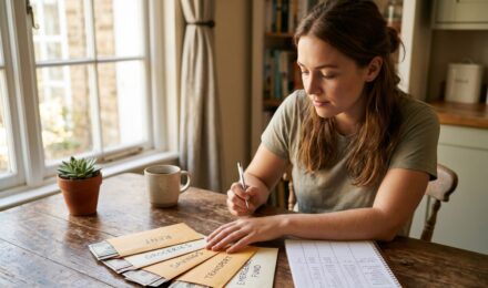 Cash envelopes and a budget worksheet side by side illustrating cash envelope vs zero based budgeting methods