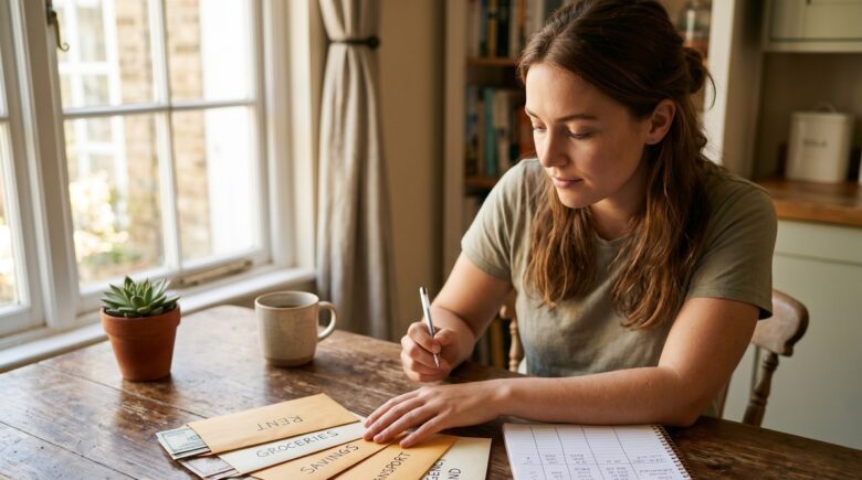 Cash envelopes and a budget worksheet side by side illustrating cash envelope vs zero based budgeting methods