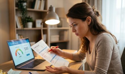 Person reviewing credit report and discovering common credit building mistakes on a laptop