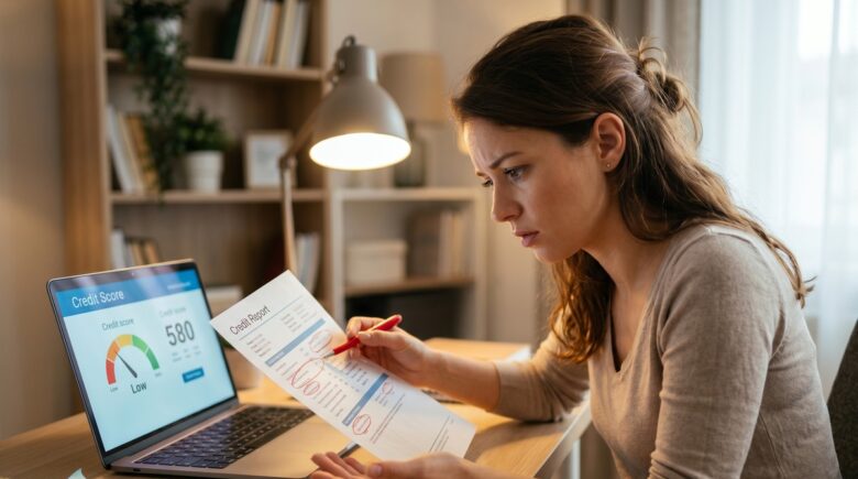 Person reviewing credit report and discovering common credit building mistakes on a laptop