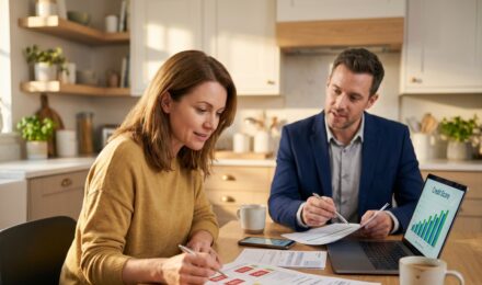 Person reviewing credit report documents while researching credit repair companies on a laptop