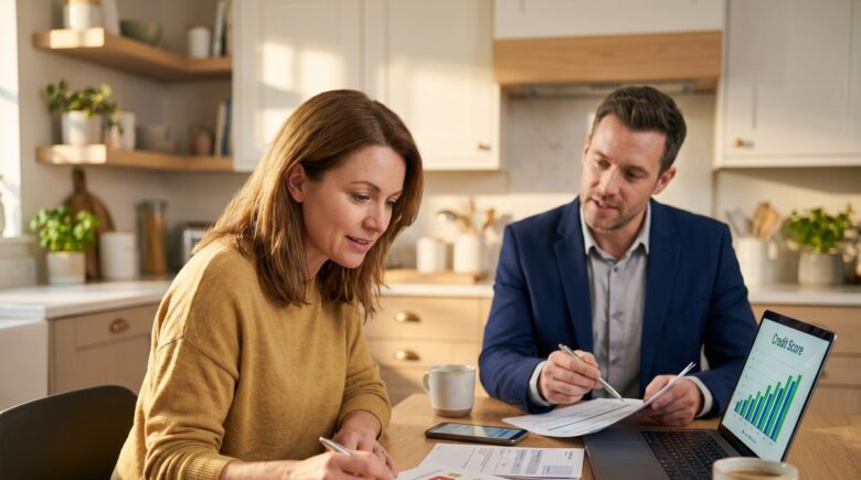 Person reviewing credit report documents while researching credit repair companies on a laptop
