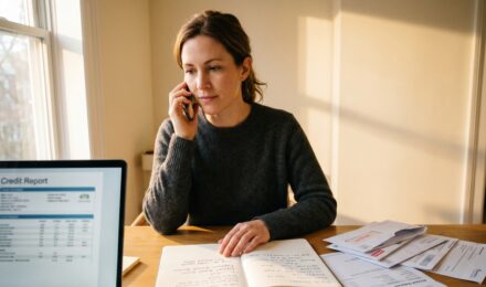 Person reviewing debt collection letters while checking credit report on laptop