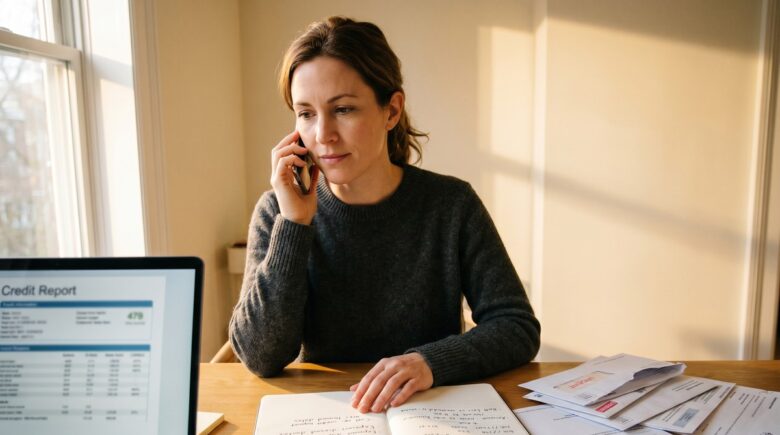 Person reviewing debt collection letters while checking credit report on laptop