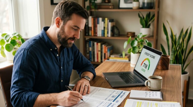 Person reviewing credit report and taking notes for DIY credit repair
