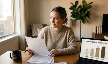 Person reviewing credit score on laptop after paying rent on time