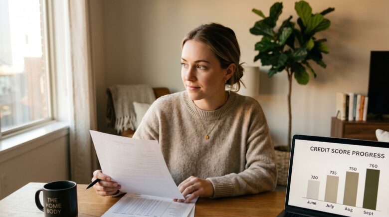 Person reviewing credit score on laptop after paying rent on time