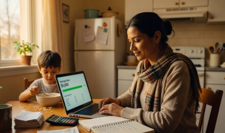 Single mom reviewing budget and savings plan at kitchen table to build emergency fund on single income