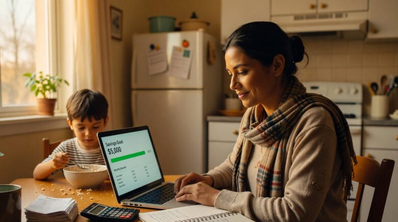 Single mom reviewing budget and savings plan at kitchen table to build emergency fund on single income
