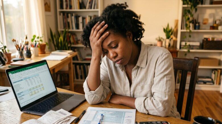 Freelancer reviewing tax documents and avoiding common tax mistakes at a desk