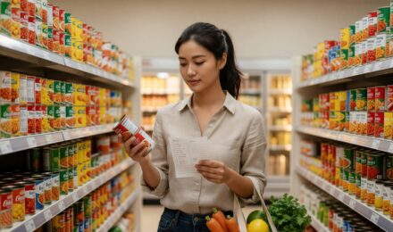 Person comparing grocery prices while shopping on a tight budget in a supermarket