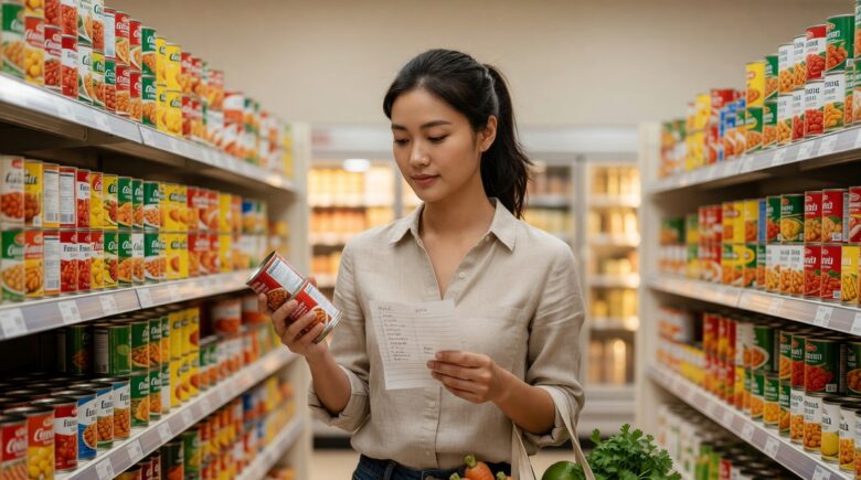 Person comparing grocery prices while shopping on a tight budget in a supermarket