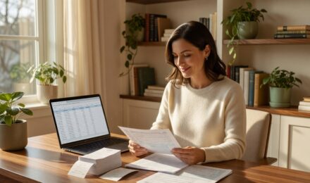 Person working at a home office desk reviewing home office tax deduction paperwork
