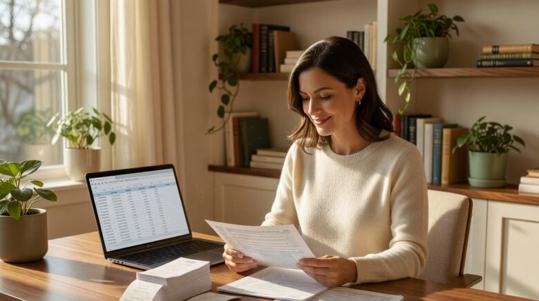 Person working at a home office desk reviewing home office tax deduction paperwork