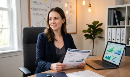 New LLC owner reviewing steps to build business credit on a laptop