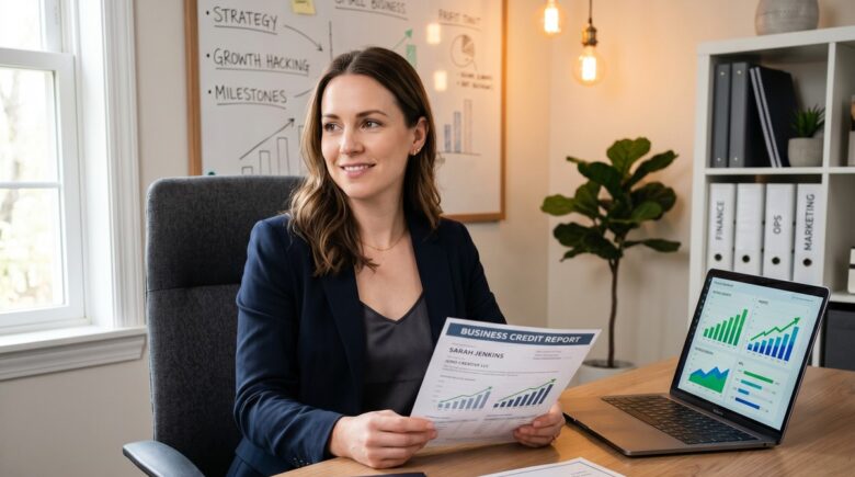 New LLC owner reviewing steps to build business credit on a laptop