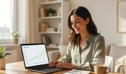 Recent college graduate reviewing credit score on laptop while holding a credit card