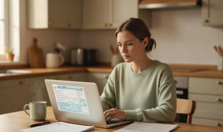 First-time tax filer sitting at desk reviewing tax forms and documents on laptop